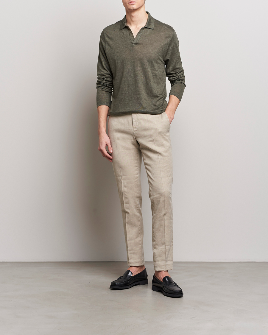 Herre | Trøjer | Gran Sasso | Washed Linen Long Sleeve Polo Dark Green Melange