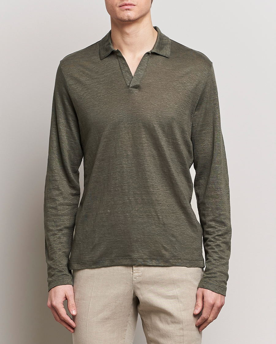 Herre | Polotrøjer | Gran Sasso | Washed Linen Long Sleeve Polo Dark Green Melange