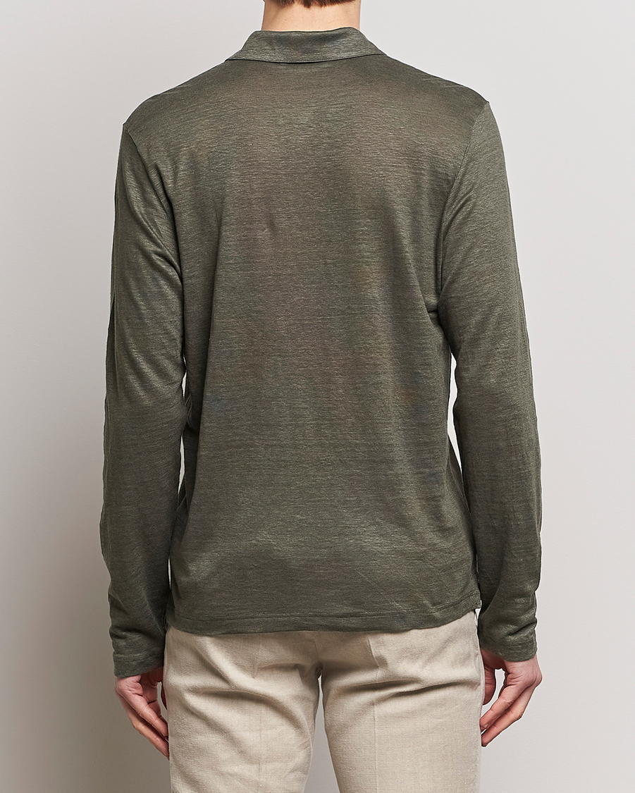 Herre | Trøjer | Gran Sasso | Washed Linen Long Sleeve Polo Dark Green Melange
