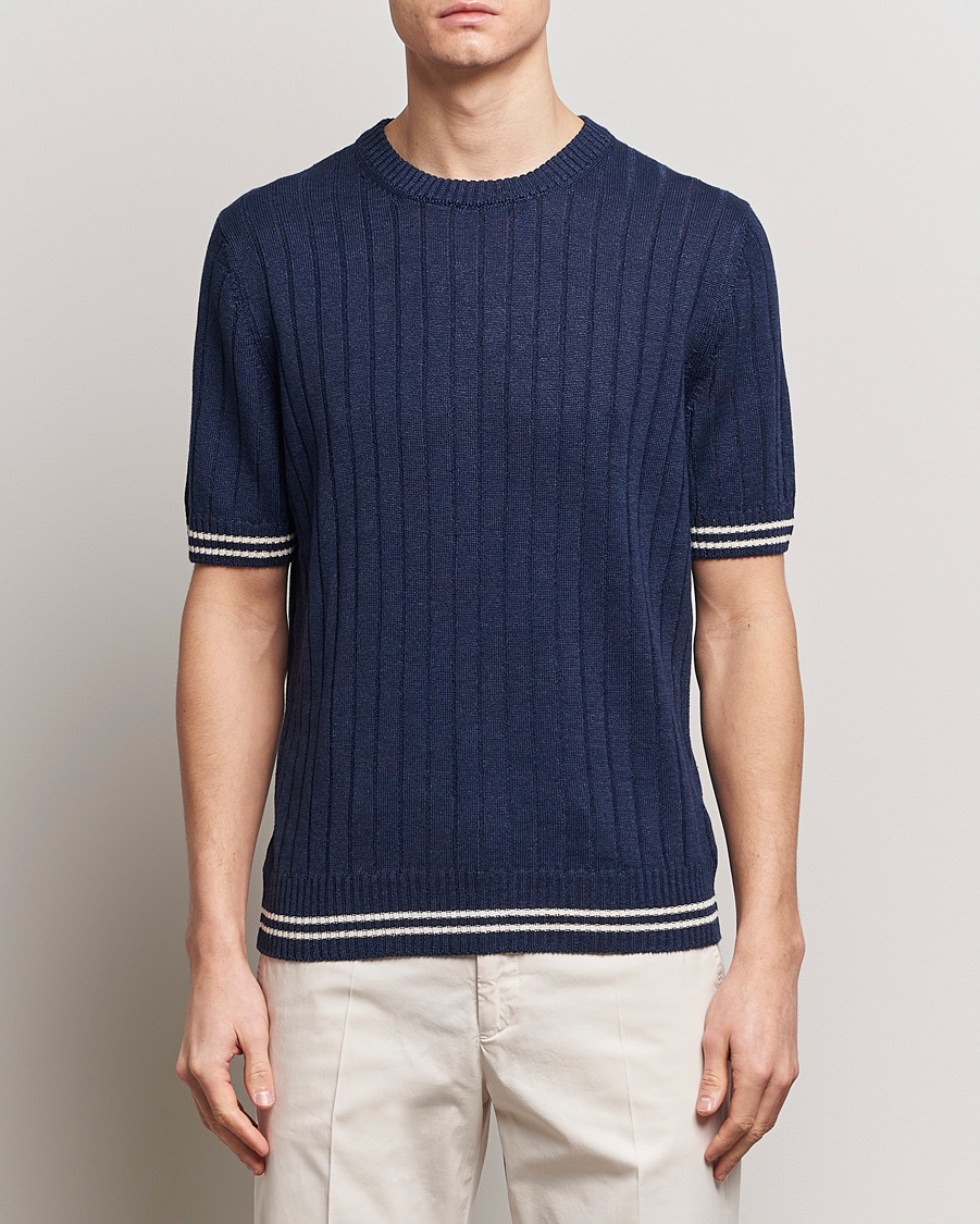 Herre | T-Shirts | Gran Sasso | Linen/Cotton Structured T-Shirt Navy