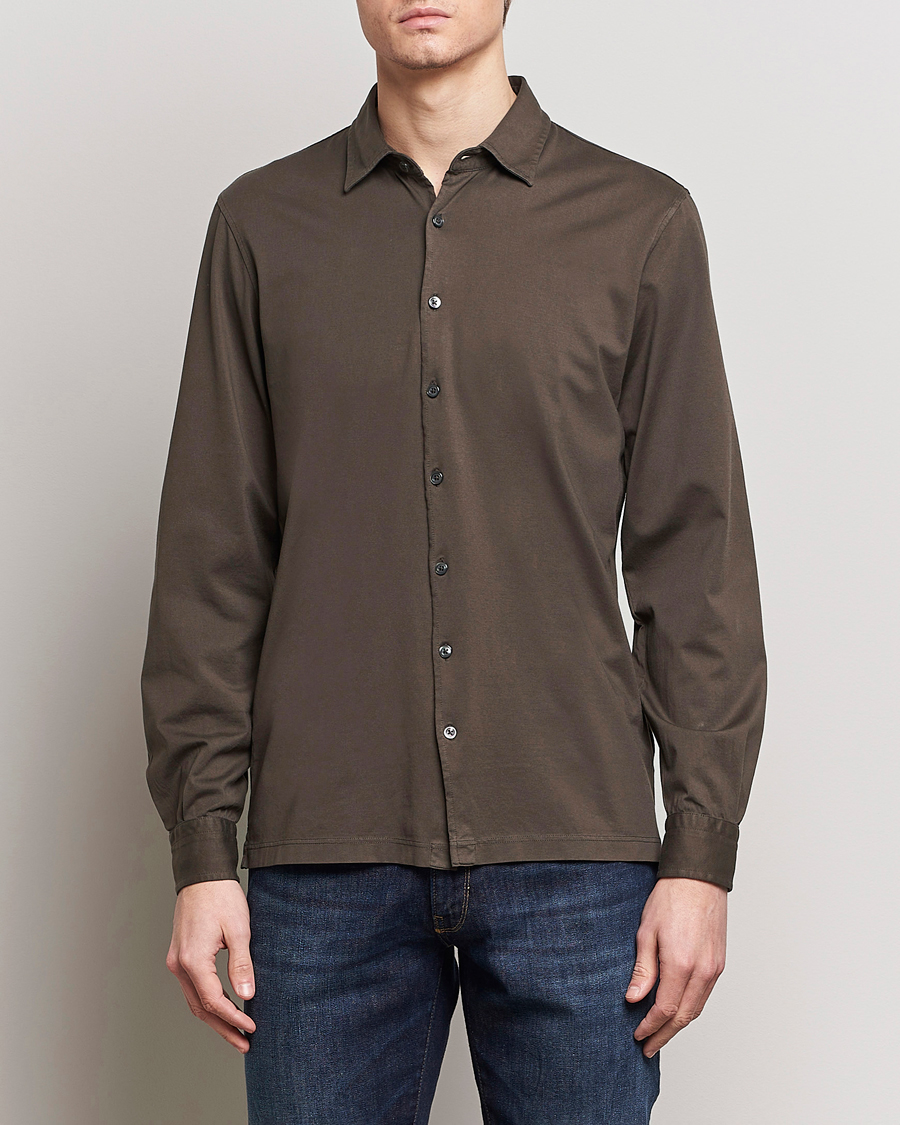 Herre | Tøj | Gran Sasso | Washed Cotton Jersey Shirt Dark Brown