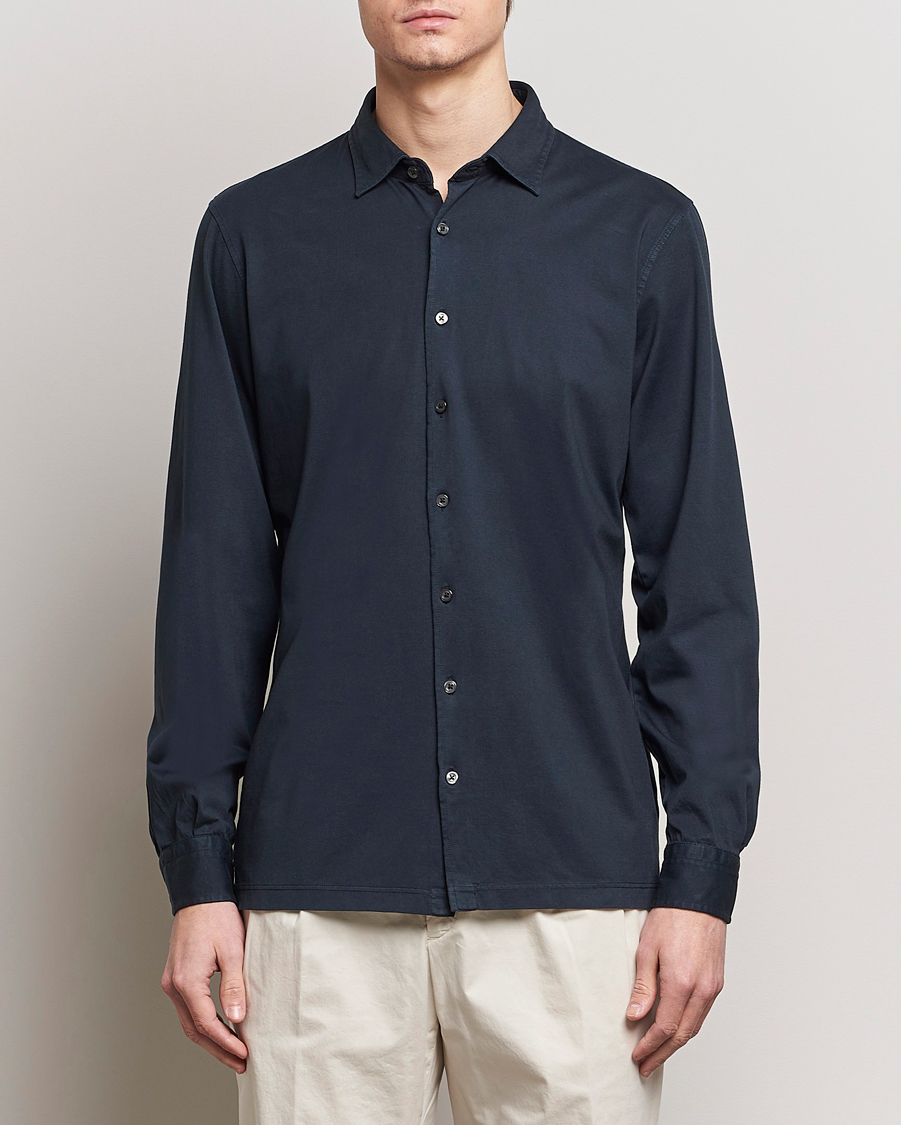 Herre | Poloskjorter | Gran Sasso | Washed Cotton Jersey Shirt Navy