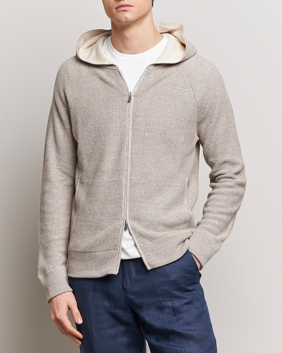 Men |  | Gran Sasso | Linen/Cotton Knitted Hooded Full Zip Beige Melange