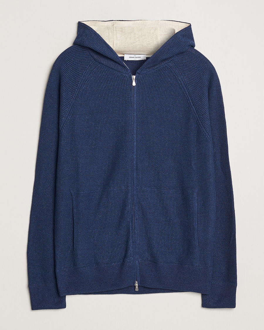 Herre | Trøjer | Gran Sasso | Linen/Cotton Knitted Hooded Full Zip Navy