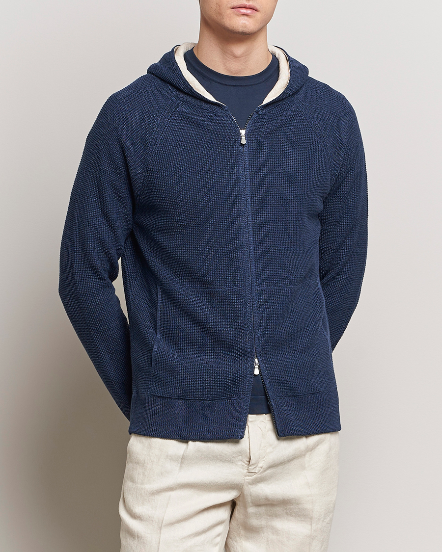 Herre | Italian Department | Gran Sasso | Linen/Cotton Knitted Hooded Full Zip Navy