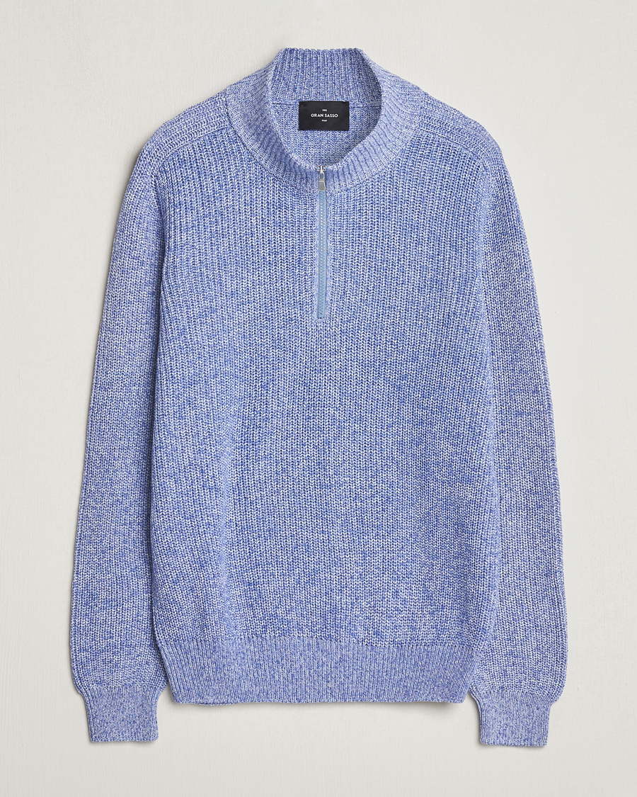 Herre | Trøjer | Gran Sasso | Cotton Heavy Knitted Half Zip Blue Melange