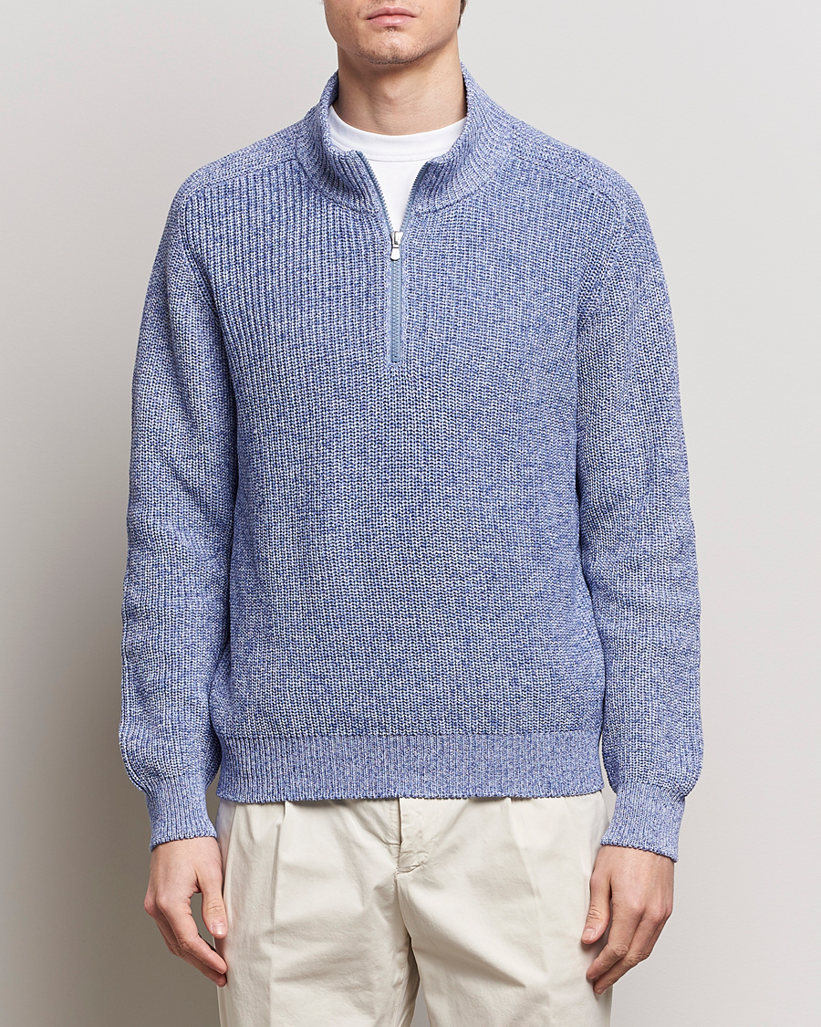 Herre | Tøj | Gran Sasso | Cotton Heavy Knitted Half Zip Blue Melange