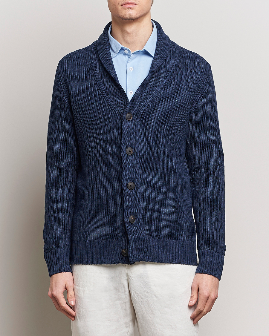 Herre | Cardigans | Gran Sasso | Linen/Cotton Shawl Collar Cardigan Navy