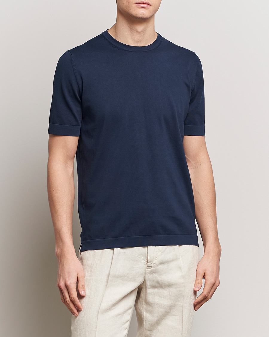 Herre | Kortærmede t-shirts | Gran Sasso | Cotton Knitted Crew Neck T-Shirt Navy