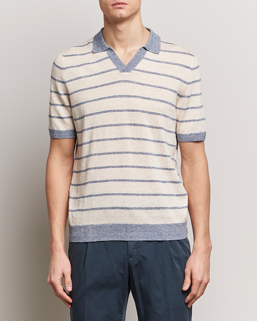 Herre |  | Gran Sasso | Linen/Cotton Knitted Striped Open Collar Polo Cream/Blue