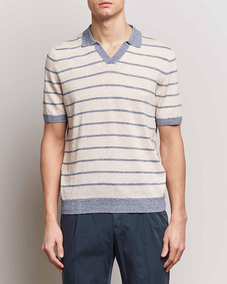 Herre | Kortærmede polotrøjer | Gran Sasso | Linen/Cotton Knitted Striped Open Collar Polo Cream/Blue