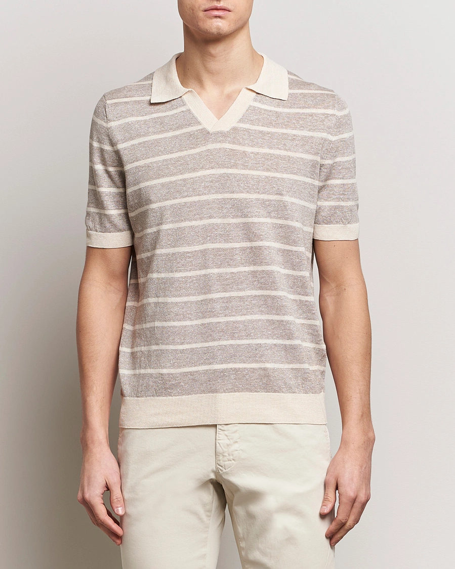 Herre | Tøj | Gran Sasso | Linen/Cotton Knitted Striped Open Collar Polo Beige/Cream