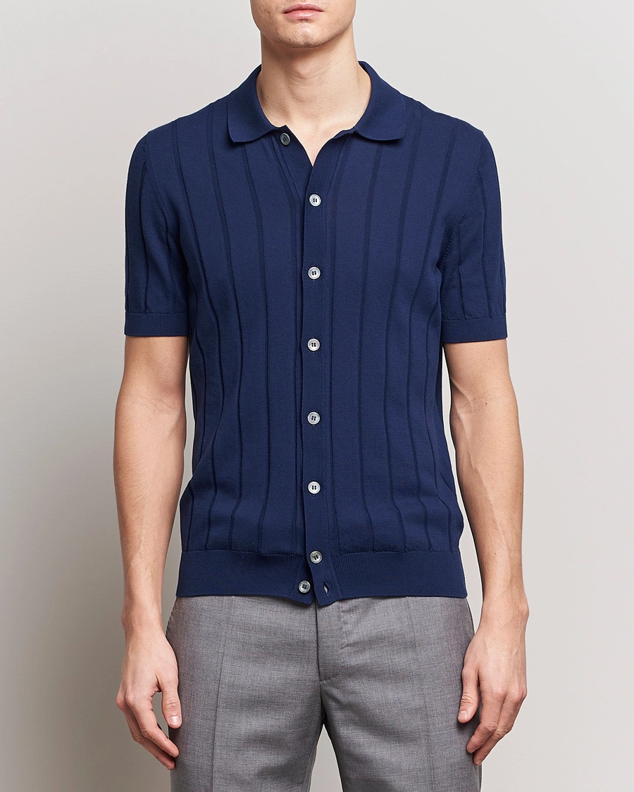 Herre | Afdelinger | Gran Sasso | Cotton Structured Knitted Short Sleeve Shirt Light Navy