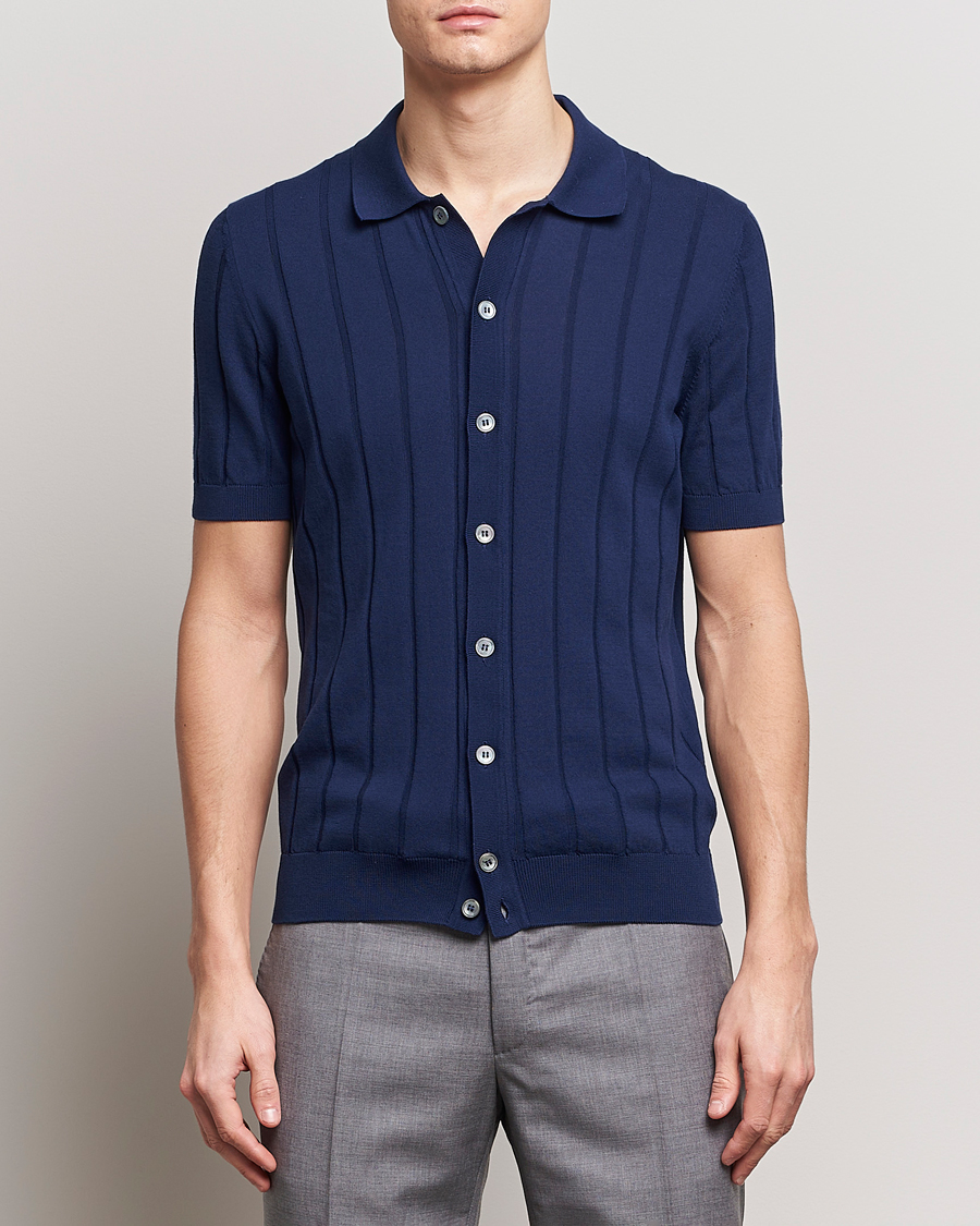 Herre | Tøj | Gran Sasso | Cotton Structured Knitted Short Sleeve Shirt Light Navy