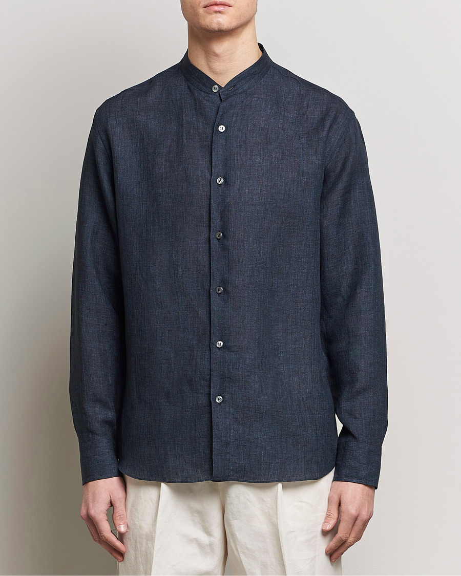 Herre | Luxury Brands | Brioni | Linen Guru Collar Shirt Navy