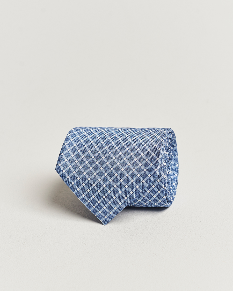 Herre | Brioni Printed Silk Tie Blue Check | Brioni | Printed Silk Tie Blue Check