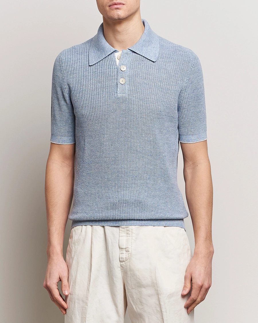 Herre | Tøj | Brunello Cucinelli | Cotton/Linen Rib Knitted Polo Light Blue
