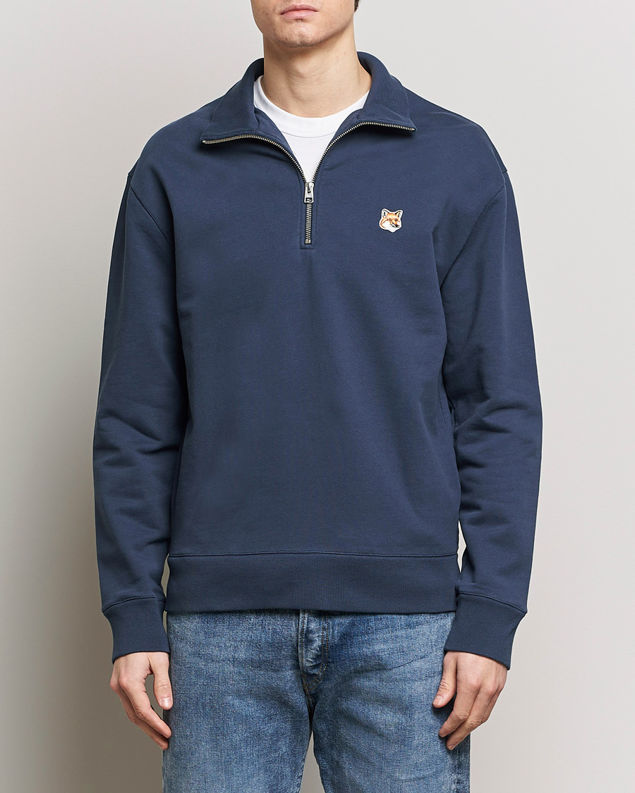 Herre | Tøj | Maison Kitsuné | Fox Head Half Zip Sweatshirt Ink Blue