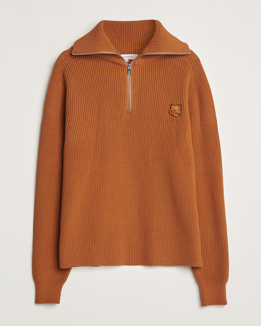 Herre | Trøjer | Maison Kitsuné | Tonal Fox Head Ribbed Half Zip Tobacco