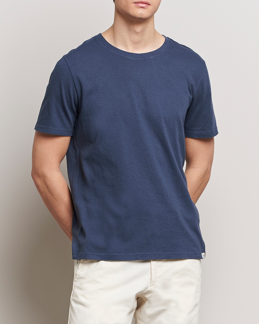 Herre | Tøj | Merz b. Schwanen | Organic Cotton Washed Crew Neck T-Shirt Denim Blue