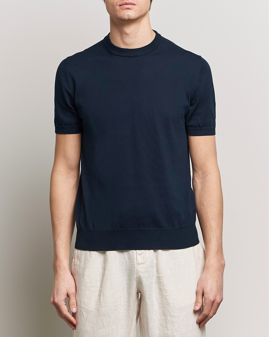 Herre | Tøj | Altea | Extrafine Cotton Knit T-Shirt Navy