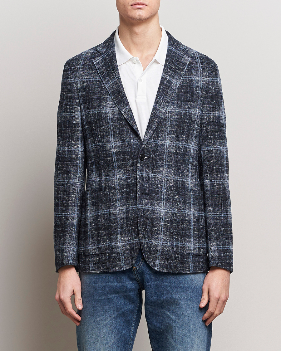 Herre | Bomuldsblazer | BOSS BLACK | Hanry Checked Jersey Blazer Dark Blue