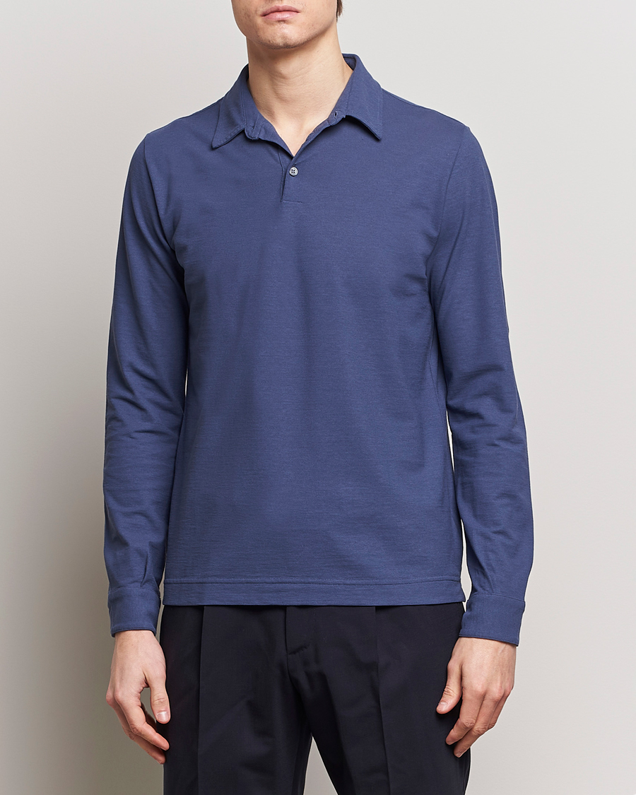 Herre | Tøj | Zanone | Ice Cotton Long Sleeve Polo Steel Blue