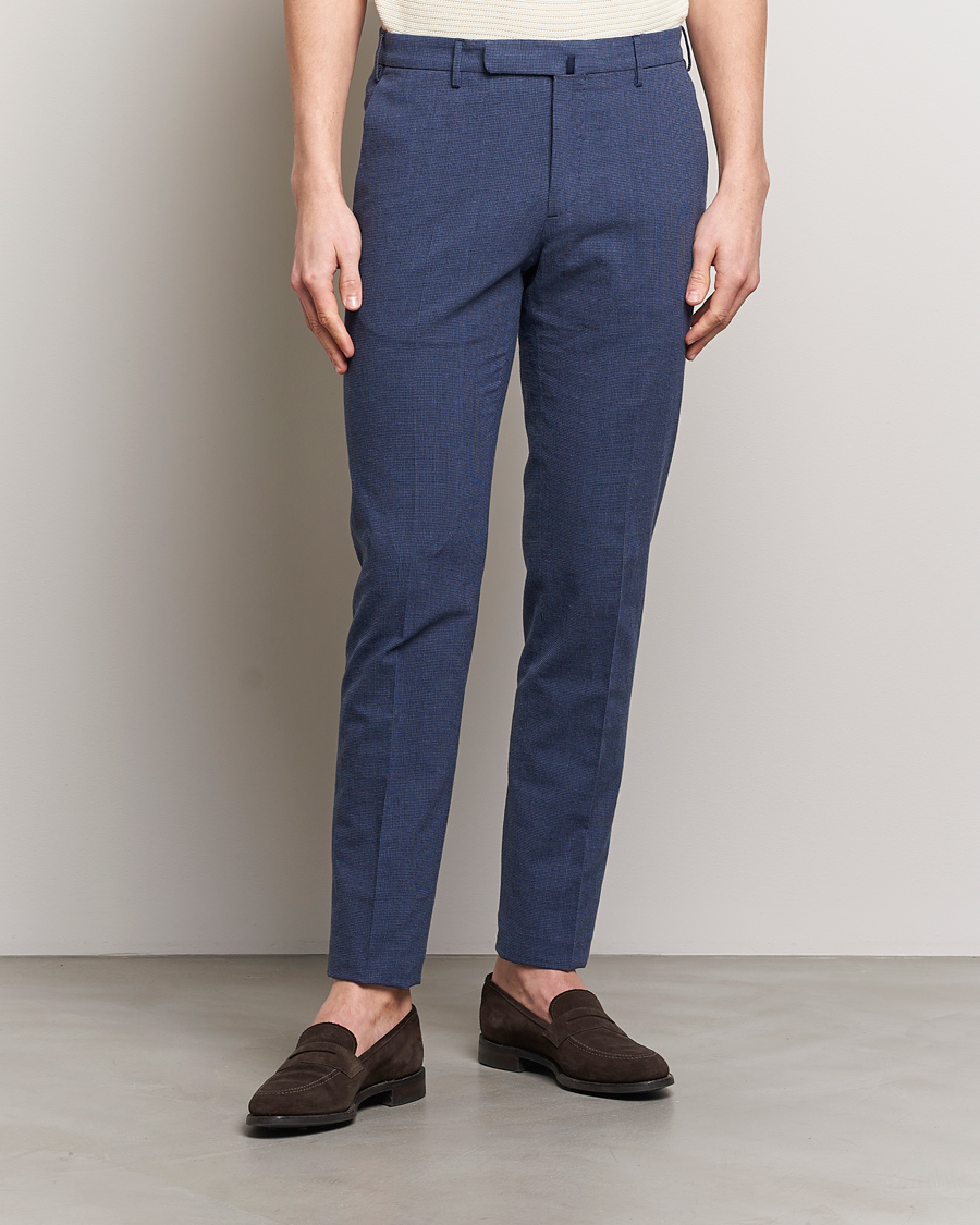 Herre | Hørbukser | Incotex | Slim Fit Cotton/Linen Micro Houndstooth Trousers Dark Blue