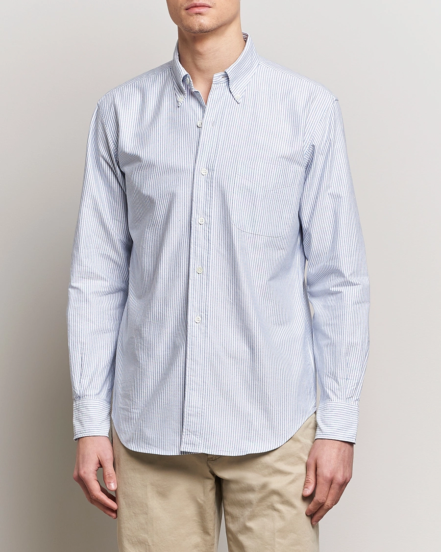 Men |  | Kamakura Shirts | Vintage Ivy Oxford Button Down Shirt Blue Stripe