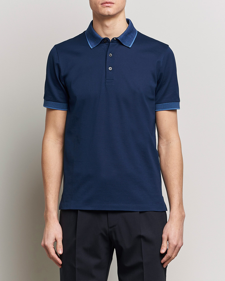 Herre | Quiet Luxury | Canali | Contrast Collar Short Sleeve Polo Dark Blue