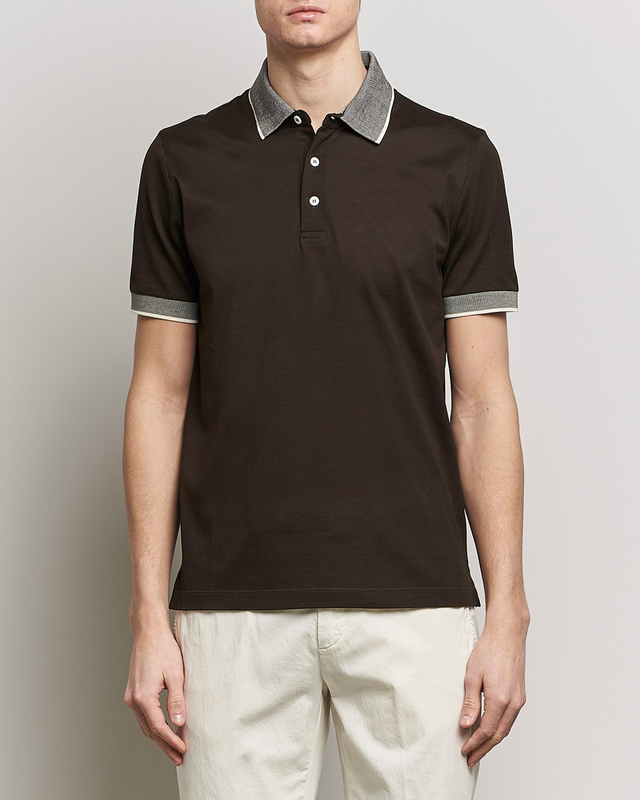Herre | Quiet Luxury | Canali | Contrast Collar Short Sleeve Polo Dark Brown