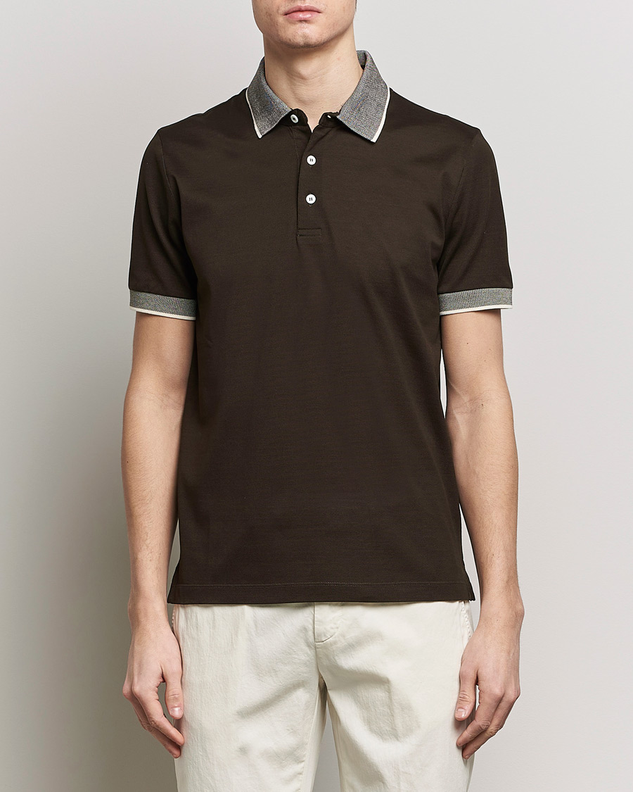 Herre |  | Canali | Contrast Collar Short Sleeve Polo Dark Brown