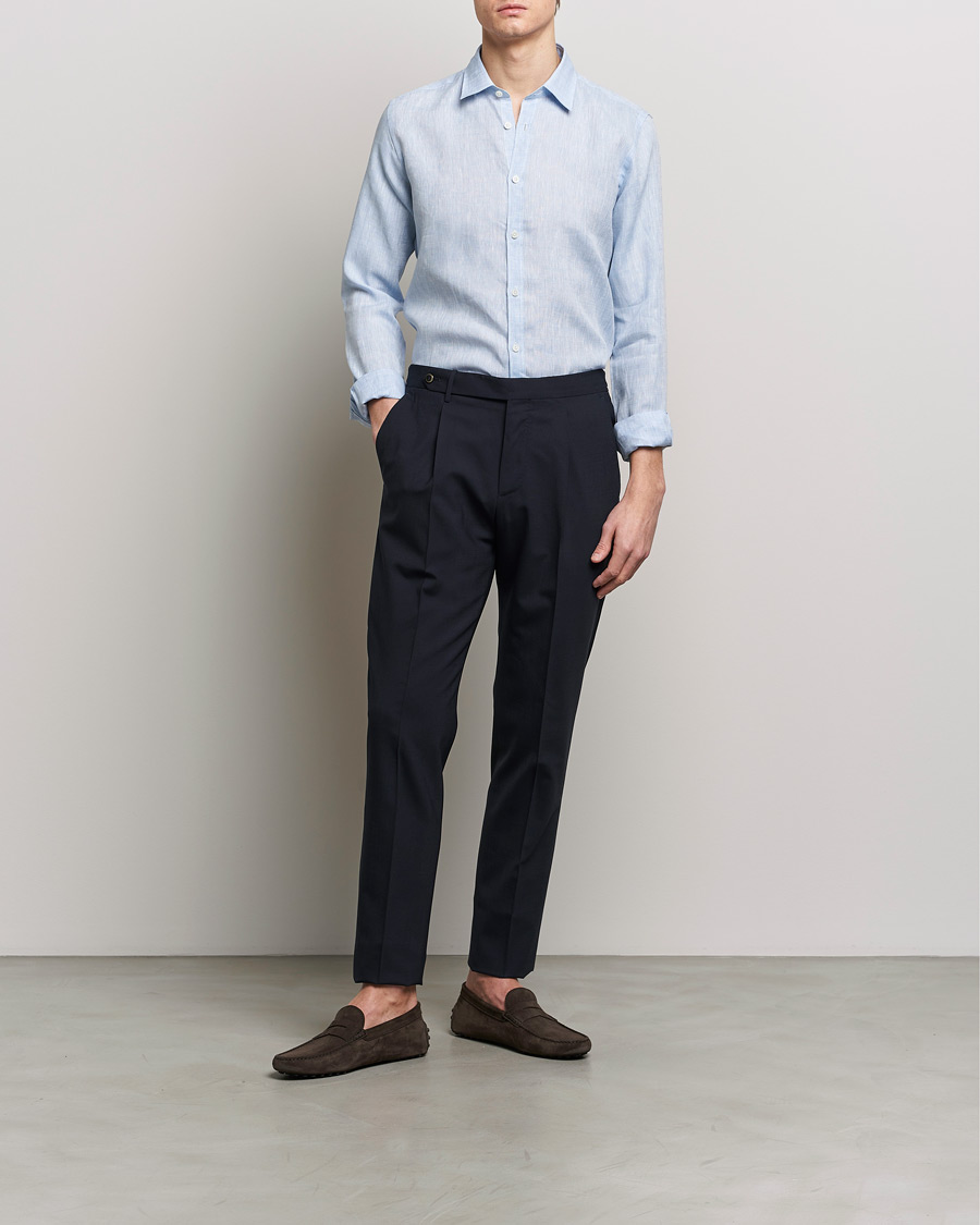 Herre | Skjorter | Canali | Slim Fit Linen Sport Shirt Light Blue