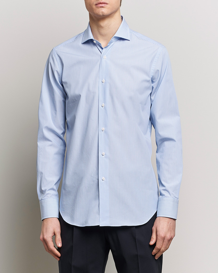 Herre | Skjorter | Grigio | Cotton Poplin Dress Shirt Light Blue Stripe