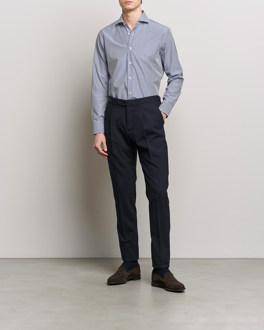 Herr |  | Grigio | Cotton Poplin Dress Shirt Blue Stripe