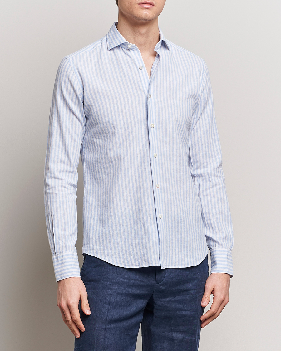 Herre | Hørskjorter | Grigio | Washed Linen Shirt Light Blue Stripe