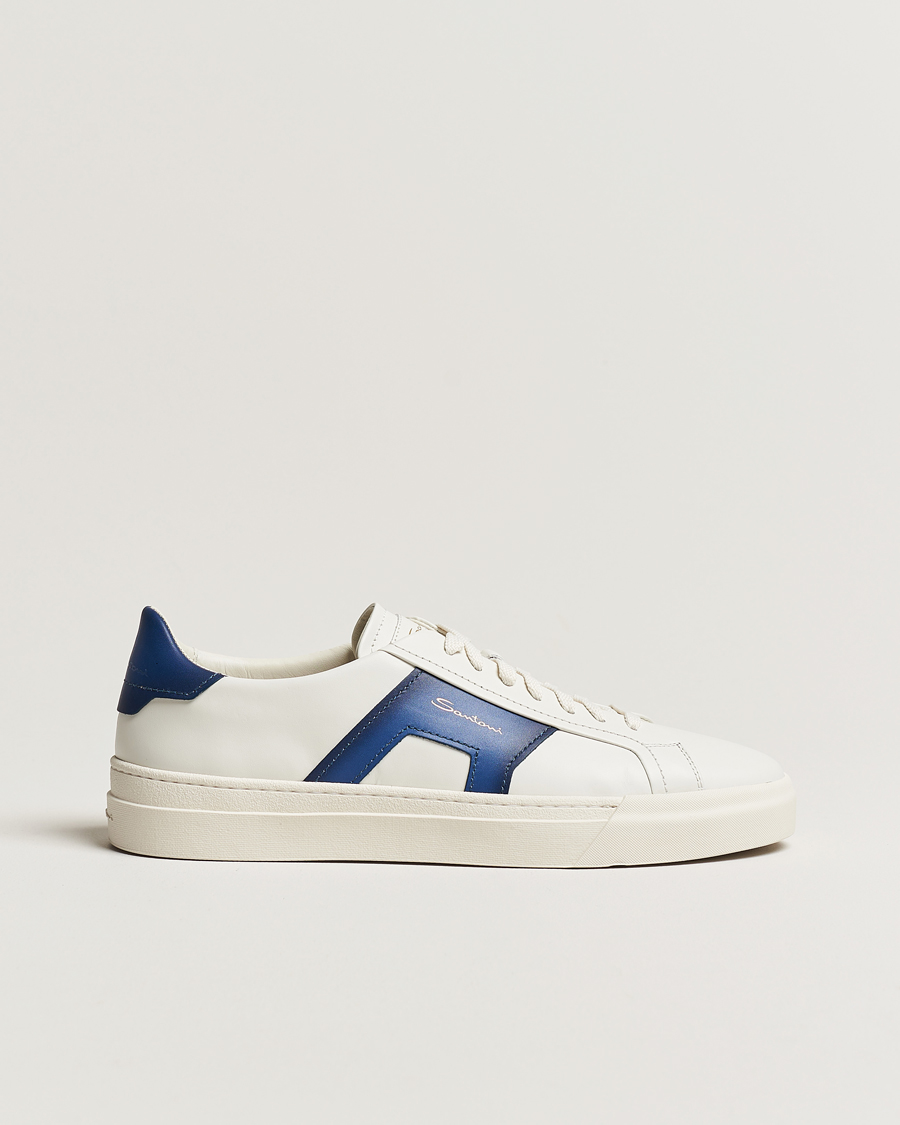 Herre | Santoni Double Buckle Sneakers White/Navy | Santoni | Double Buckle Sneakers White/Navy