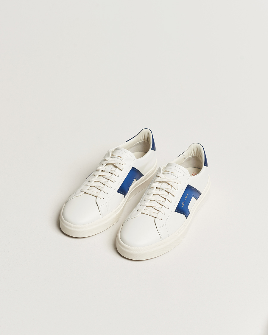 Herre | Santoni Double Buckle Sneakers White/Navy | Santoni | Double Buckle Sneakers White/Navy
