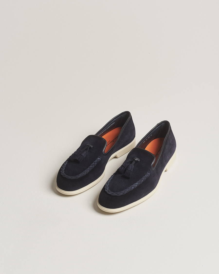 Herre | Santoni Summer Tassel Loafers Navy Suede | Santoni | Summer Tassel Loafers Navy Suede