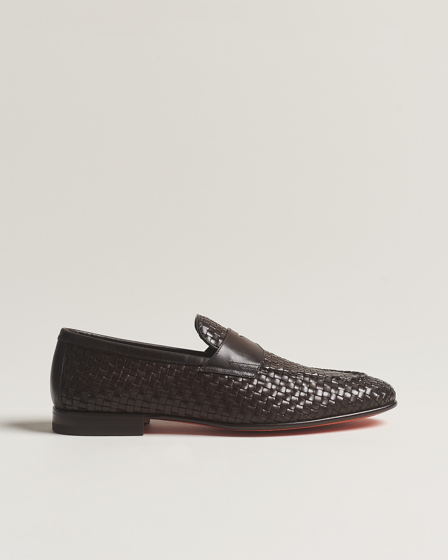 Herre | Santoni Braided Penny Loafers Dark Brown Calf | Santoni | Braided Penny Loafers Dark Brown Calf