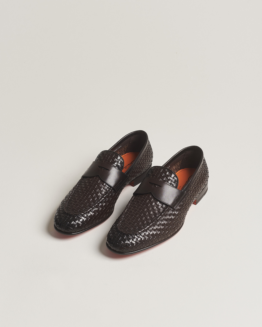 Herre | Santoni Braided Penny Loafers Dark Brown Calf | Santoni | Braided Penny Loafers Dark Brown Calf
