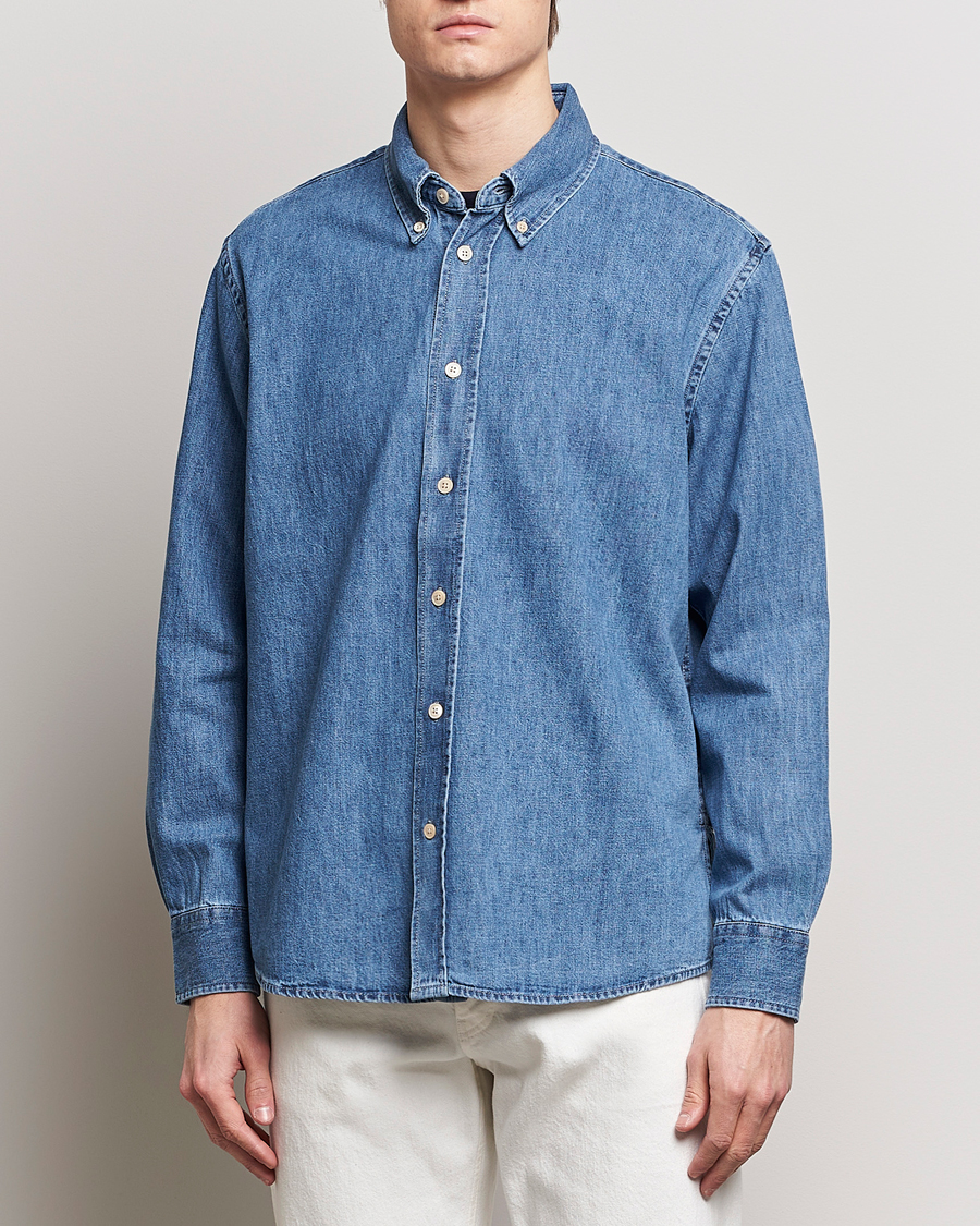 Herre | Afdelinger | Sunflower | Denim Button Down Shirt Mid Blue