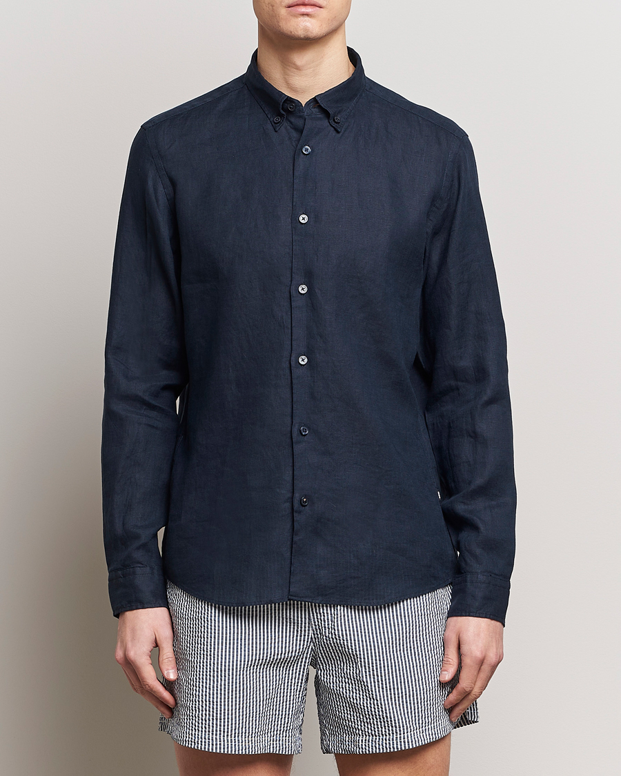 Herre | Jakke og buks | BOSS BLACK | Liam Linen Shirt Dark Blue