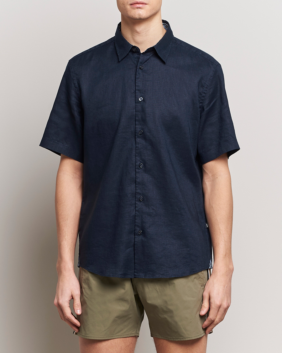 Herre | The linen lifestyle | BOSS BLACK | Liam Short Sleeve Linen Shirt Dark Blue