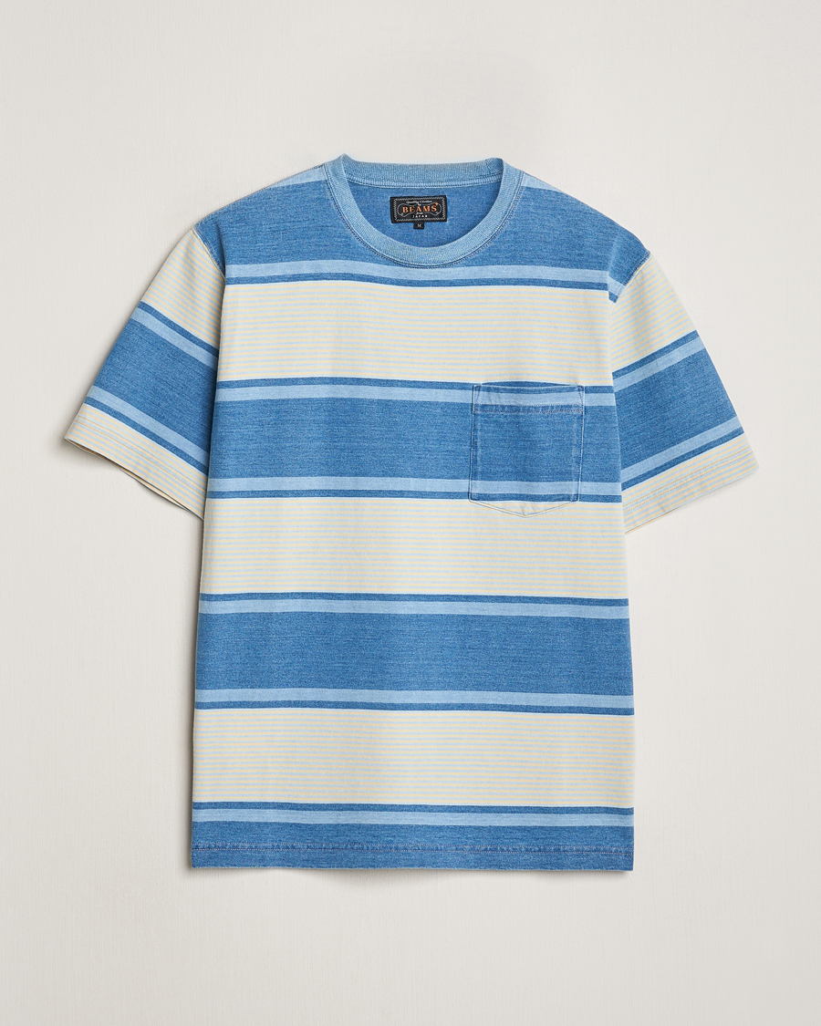 Herre | T-Shirts | BEAMS PLUS | Indigo Dyed Striped T-Shirt Sax Blue
