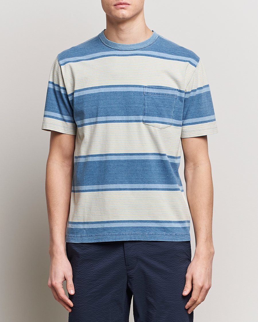 Herre | Kortærmede t-shirts | BEAMS PLUS | Indigo Dyed Striped T-Shirt Sax Blue