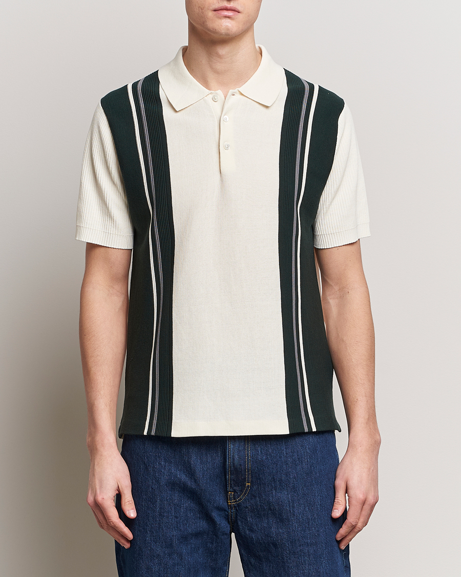 Herre | Kortærmede polotrøjer | BEAMS PLUS | Knit Stripe Short Sleeve Polo White/Green