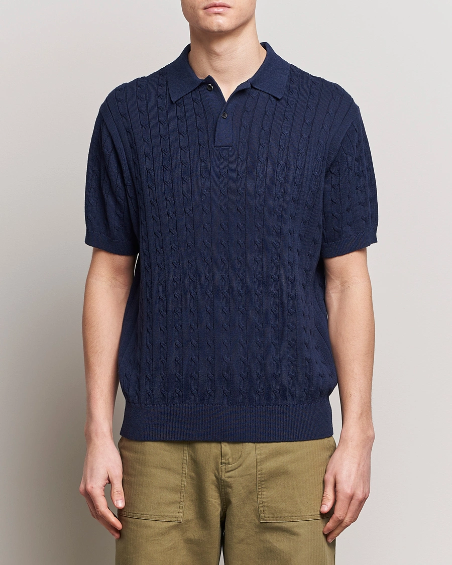 Herre | Tøj | BEAMS PLUS | Cable Knit Short Sleeve Polo Navy