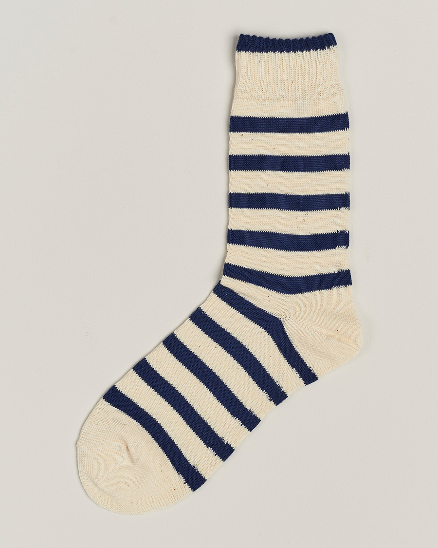 Herre | Lommeklude | BEAMS PLUS | BEAMS PLUS2 Tone Stripe SocksWhite/Navy