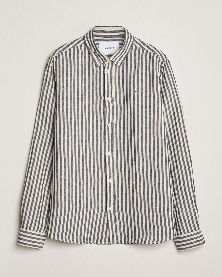 Herr |  | LES DEUX | Kristian Striped Linen Button Down Shirt Ivory/Navy